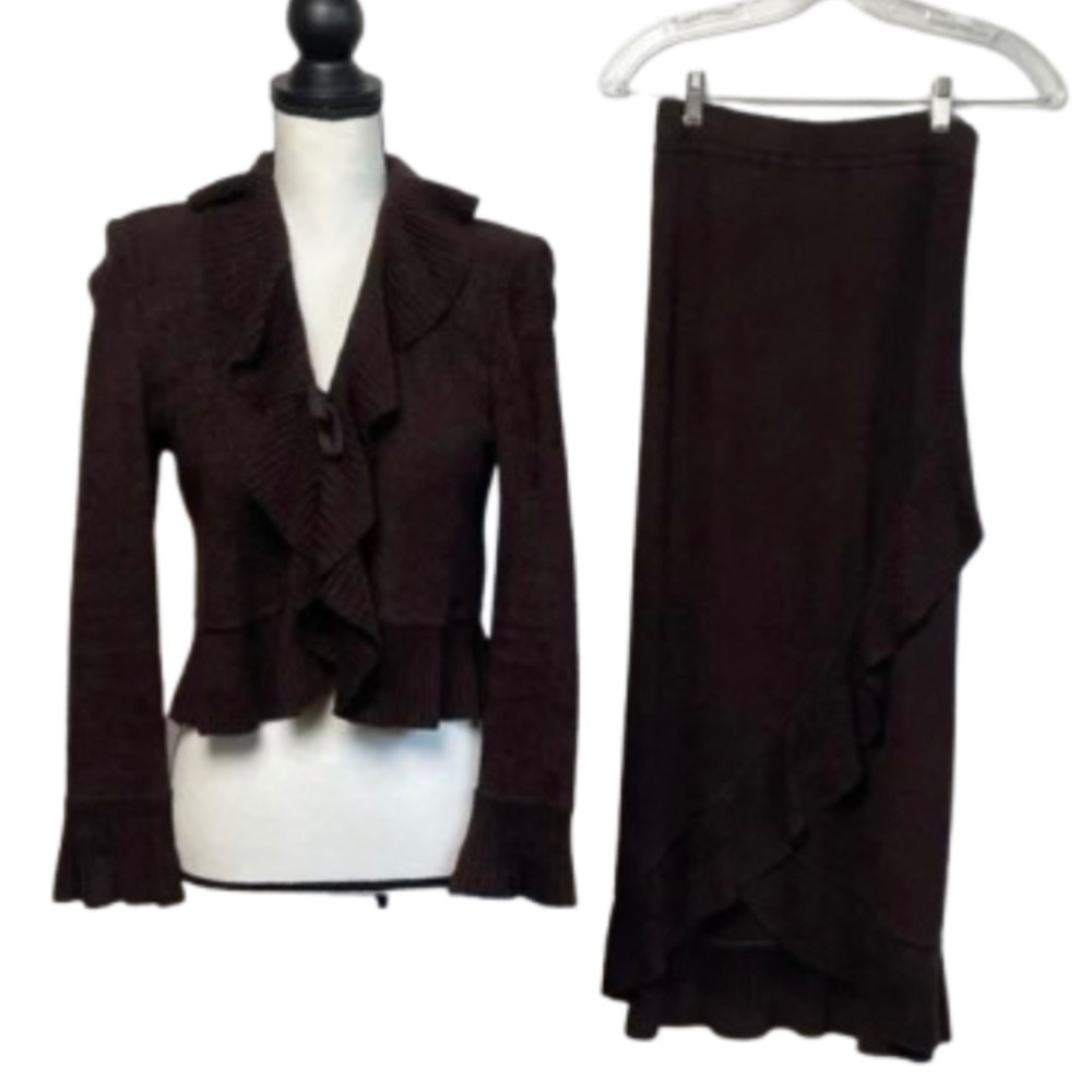 St. John 2 pc ruffle maxi sweater long sleeve bell sleeve Brown Women's Skirt - Picture 3 of 17